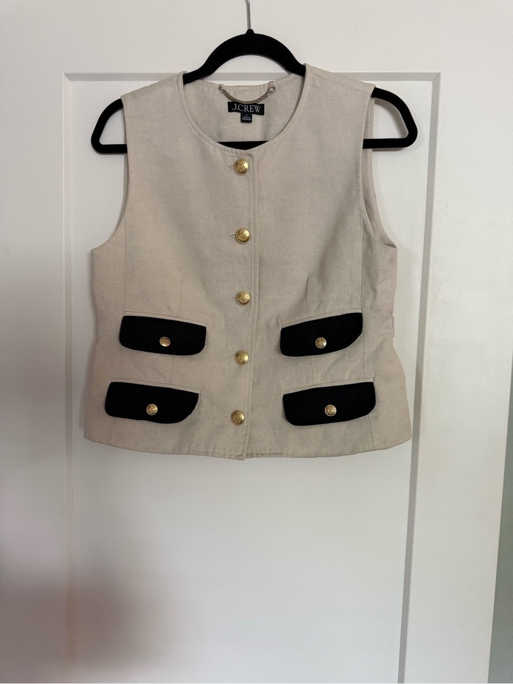 J. Crew Cream Canvas Sleeveless Vest with Black Pocket Flaps and Gold Buttons